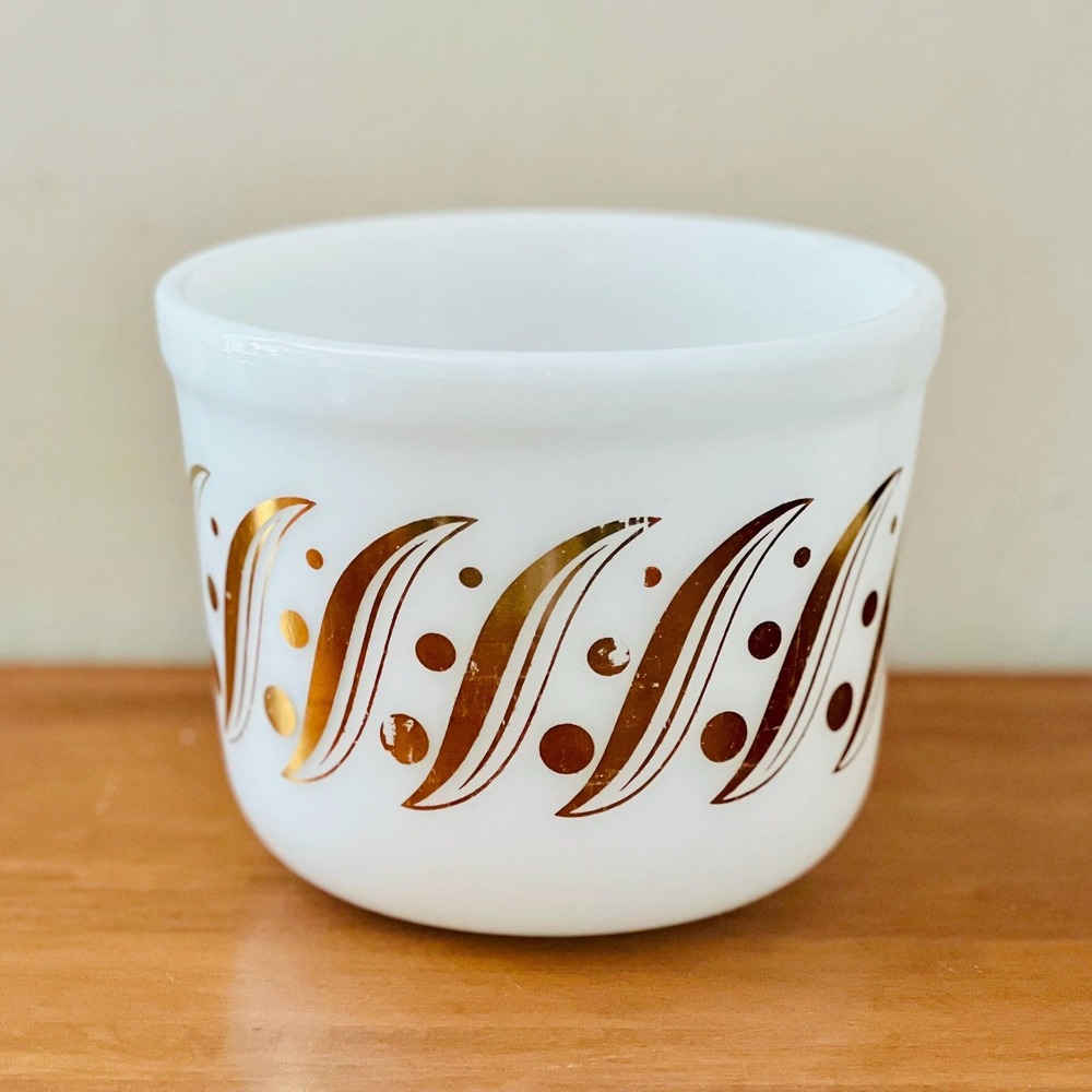 Vintage Milk Glass‎ Ice Bucket Opal Bowl with Atomic Gold Pattern